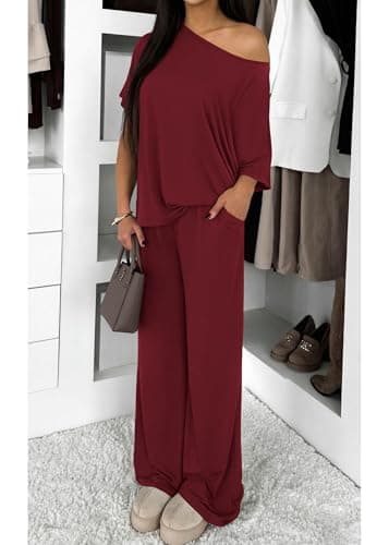 KIRUNDO Two Piece Sets for Women Lounge Airport Travel Vacation Outfits 2026 Summer Off Shoulder Tops Matching Wide Leg Pants(Burgundy, Large) - Thumbnail 4