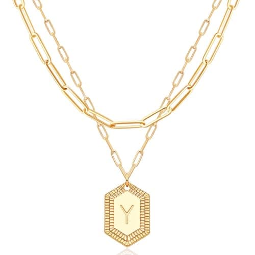 MEVECCO Dainty Gold Initial Necklace for Women 18K Gold Plated Layered Paperclip Link Chain Necklace Personalized Cute Hexagon Letters for Women Everyday Wear Jewelry - Image 1