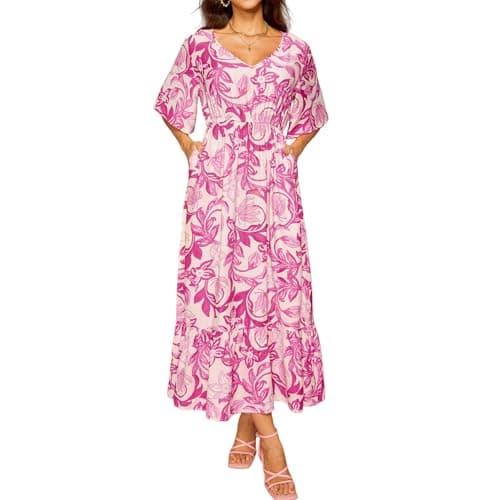Ystguic Women Fall 3/4 Sleeve Long Maxi V Neck Aline Empire Waist Dresses for Seniors Ladies Rayon Viscose 2025 with Pockets for Casual XX-Large 024 Pink Floral XXL - Image 1