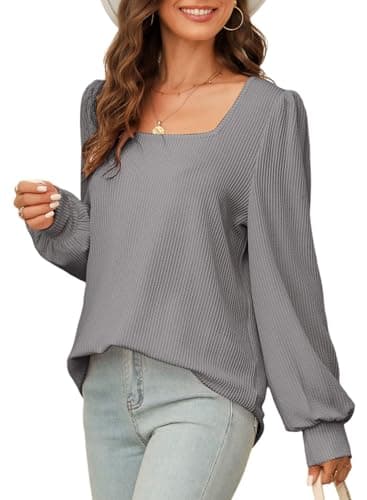 Dokotoo Women's Tops Cute Square Neck Ribbed Knitted Long Sleeve Solid Color Sweatshirt Fall Fashion 2026 Waffle Knit Shirt Tops Casual Striped Tunics Blouses Grey Small - Image 1