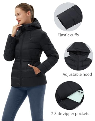 Pioneer Camp Women's Lightweight Long-Sleeve Water-Resistant Packable Down Puffer Coat Warm Winter Puffy Jacket for Women, Black, L - Thumbnail 5