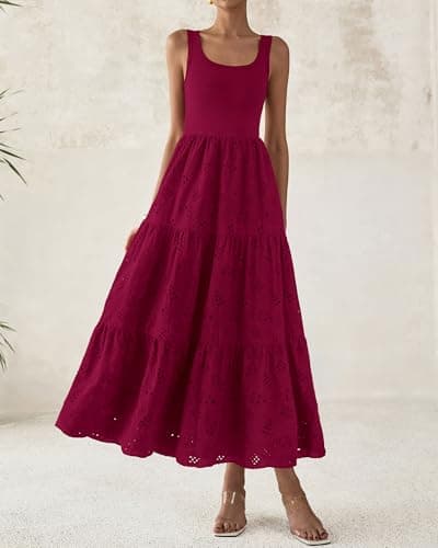 BTFBM Women Summer Eyelet Midi Dresses Casual Spring 2026 Sleeveless A Line Flowy Vacation Beach Wedding Guest Sun Dress(Dark Red, Small) - Thumbnail 6