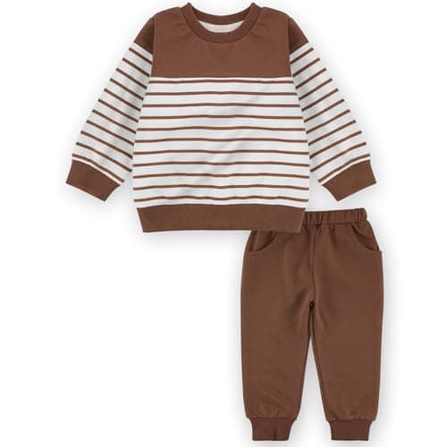 JiuBreeze Toddler Baby Boy Fall Winter Long Sleeve Shirts Set 2-piece Striped Outfit Set (Coffee, 4-5T) - Image 1
