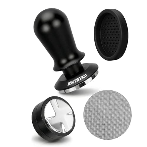 AWIBIKU Barista Espresso Tamper 53.3/54mm, Spring Loaded Flat Base Tamper Kit with 4-Blade Coffee Distributor & 316 Stainless Steel Puck Screen