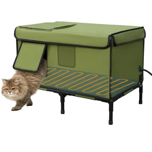 Palopalo Heated Cat House for Outdoor Cats Winter - Weatherproof Insulated Cat Shelter with Heating Pad & Escape Door, Elevated Feral Cat House for Barn Stray Kitty, 16.5"x24.8"x18.1" Army Green - Image 1