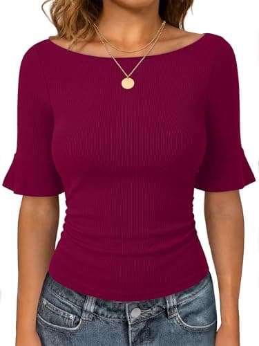 ANRABESS Womens Boat Neck Bell Short Sleeve Shirts Ruched Crop Dressy Work Blouse Business Casual Top 2026 Spring Clothing Deep red Medium - Image 1