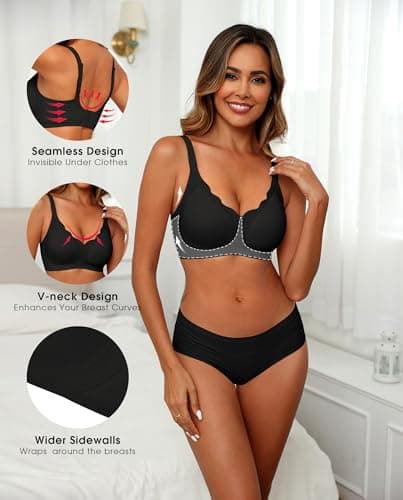 SHIJIALI Jelly Bras for Women Scalloped Push Up Full Coverage No Underwire Bra Wireless Comfort Tshirt Bra Black - Thumbnail 2