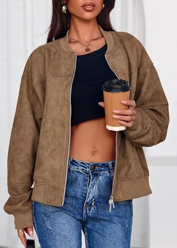 Lazysmile Women's Faux Suede Bomber Jackets Fall Fashion Outfits Winter Clothes Stand Collar Zip Up Coat Outwear with Pockets - Thumbnail 3