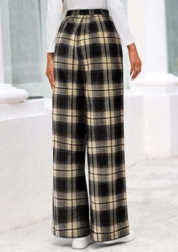 PRETTYGARDEN Casual Women's Pants 2026 Elastic Waist Palazzo Long Pajama Wide Leg Trousers Knit Fall Outfits with Pockets (Plaid Beige Black,Large) - Thumbnail 4
