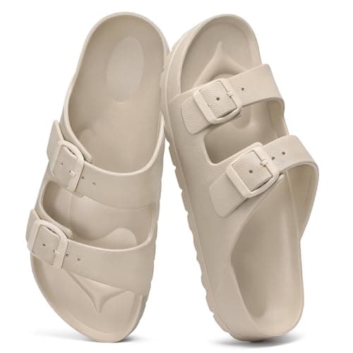 shevalues Women's Comfort Sandals with Medium Arch Support Double Buckle Adjustable EVA Slides for Summer Beach, Khaki 42(Size 10.5-11) - Image 1