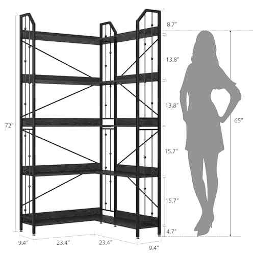 GarveeHome Corner Bookshelf 72" L Shaped Bookcase, Corner Bookshelves Industrial Bookcase 5 Tier L-Shape Bookshelf, Large Bookcases with Beaded Design Tall Display Rack Shelf for Living Room Bedroom - Thumbnail 2
