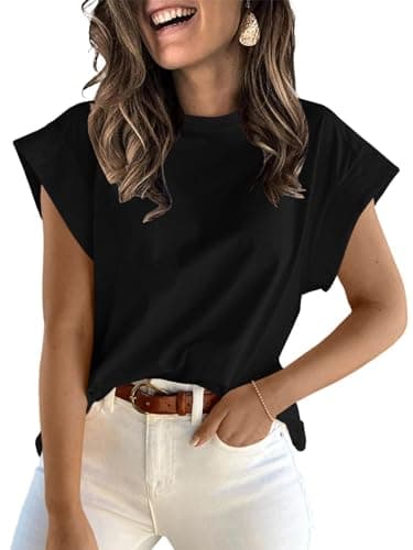 ZDC Women's Cap Sleeve Tank Tops Summer Crew Neck T Shirts Basic Loose Fit Solid Tee Black - Image 1