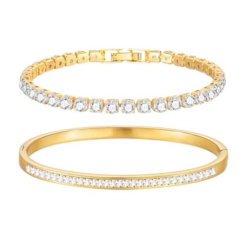 Stackable Gold Bracelets for Women - 2Pcs 18K Gold Plated Cubic Zirconia Bangle Bracelet Friendship Tennis Bracelet Stack Jewelry,Party Christmas Birthday Gifts for Her Girlfriend Sister Wife Daughter - Image 1