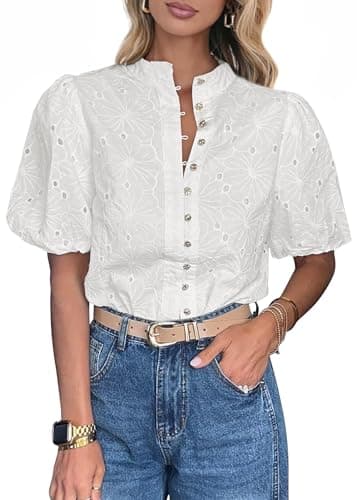 Lazysmile Summer Boho Tops for Women Short Sleeve V Neck Button Down Hollow Out Lace Embroidered Blouses Shirts White - Image 1