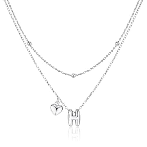 adoyi Valentines Day Gifts Silver Heart Initial Necklaces for Women 14k Gold Plated Layered bubble Letter Necklace Dainty Heart H Pendant Necklace Stack Birthday Valentines Day Gifts for Women Jewelry - Image 1