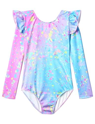 Tziharora Gymnastics Leotards for Girls 8-9 Years Old Colorful Scrawl Long Sleeve Ruffle Dance Bodysuits - Image 1