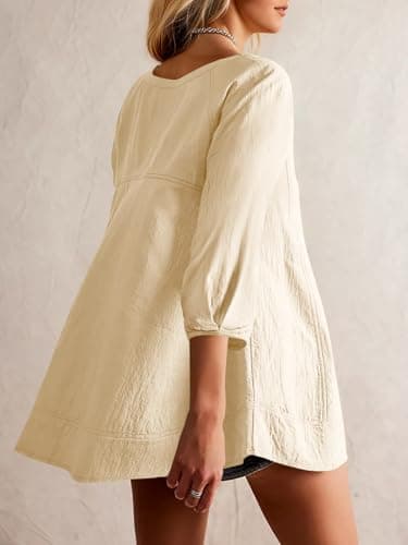 Tankaneo Womens 3/4 Sleeve Tunic Tops Casual Summer Peplum Flowy Oversized Babydoll Blouse Shirts Khaki - Thumbnail 3