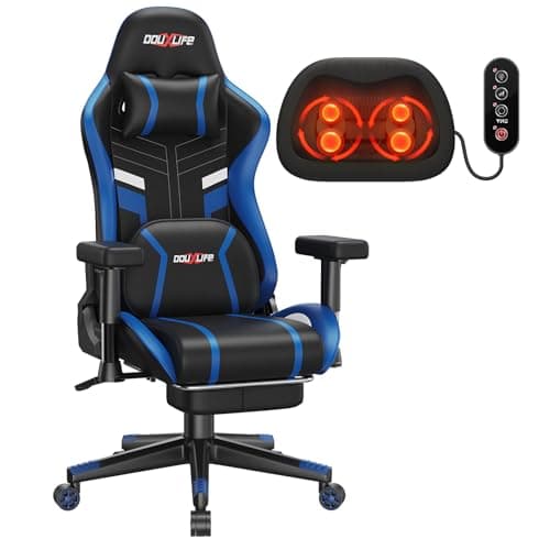 Douxlife 3D Kneading Massage Gaming Chair with Footrest, 400lbs Heavy Duty PC Computer Desk Chair for Adults, Adjustable 2D Armrests, Ergonomic 175° Recline & Optional Heat, Black&Blue - Image 1
