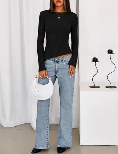 MEROKEETY Women's Fall Long Sleeve Sweater Tops 2025 Boat Neck Ribbed Asymmetric Lightweight Knit Shirts, Black, X-Large - Thumbnail 2