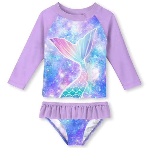 Funnycokid Girls Rash Guard Swimsuit Size 6 Bathing Suits Mermaid Purple Long Sleeve 2 Piece Swimwear Rash Guard Set Kid 6-7 Years - Image 1