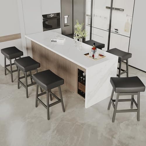 26 Inch Counter Height Bar Stools Set of 6, Backless Saddle Stools with Bonded Leather Seats, Stylish Barstools for Kitchen Island, Dining, Home Bar (Black, Set of 6) - Image 1