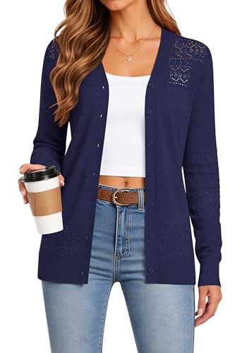 Jouica Crocheted Cardigans for Women Long Sleeve V-Neck Hollwed-Out Open Front Trendy Lightweight Fall Sweaters 2026,Navy Blue,Medium - Image 1