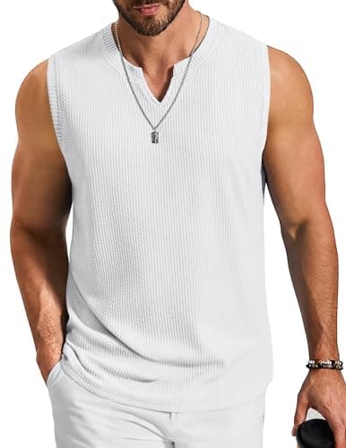 COOFANDY Mens Vintage Knitted Tank Top V Neck Sleeveless Shirt 3D Textured Jacquard Weave for Summer, White, Small - Image 1