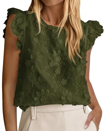 KIRUNDO Summer Tops for Women 2026 Ruffle Cap Sleeve Lace Embroidered Floral Boho Shirts Dressy Casual Blouses Cruise Outfits(Army Green, Small) - Image 1