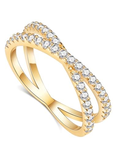 IMOLOVE Moissanite Wedding Band, Criss Cross Ring Wedding Bands for Women Yellow Gold Plated Sterling Silver Eternity Band Rings for Women Stackable Moissanite Eternity Band Rings for Women Size 8.5 - Image 1