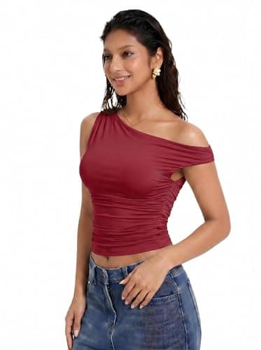 Date Outfits Red Off The Shoulder for Women Double Layered Sleeveless Y2K Going Out Crop Tank Blouses Shirt (Wine,L) - Thumbnail 4