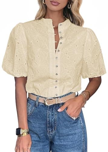 Lazysmile Summer Boho Tops for Women Short Sleeve V Neck Button Down Hollow Out Lace Embroidered Blouses Shirts Apricot - Image 1