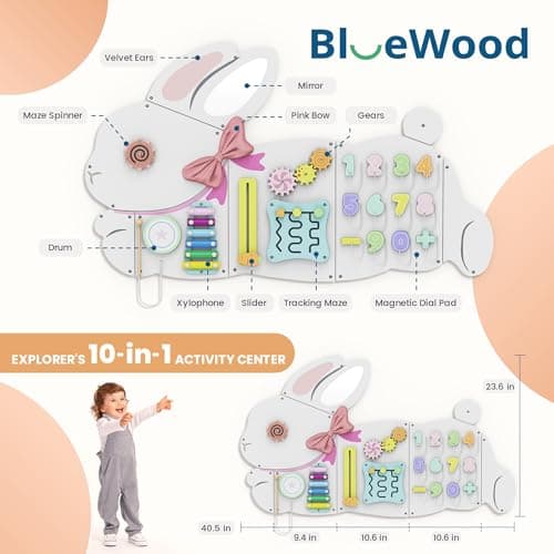 BlueWood Wooden Wall Busy Board Panels, Toddler Learning Activity Center, Montessori Philosophy Sensory, Educational Toys, Conducive to All-Round Development - Rabbit - Thumbnail 2