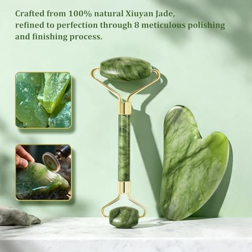 MANLENO Natural Jade Face Roller & Gua Sha Set Facial Massage Tools - Thumbnail 2