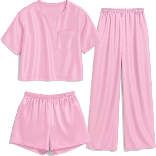 Petite&Me 3-Piece Girls Pajamas Set, Soft Short Sleeve Shirt with Pants & Shorts for Kids Teens Blushpink - Image 1