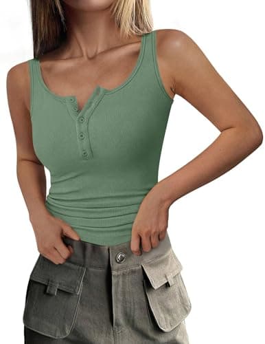 PRETTYGARDEN Womens 2026 Summer Tank Tops Ribbed Knit Slim Fit Sleeveless Henley Shirts Casual Basic Button Up Blouse (Grey Green,XX-Large) - Image 1