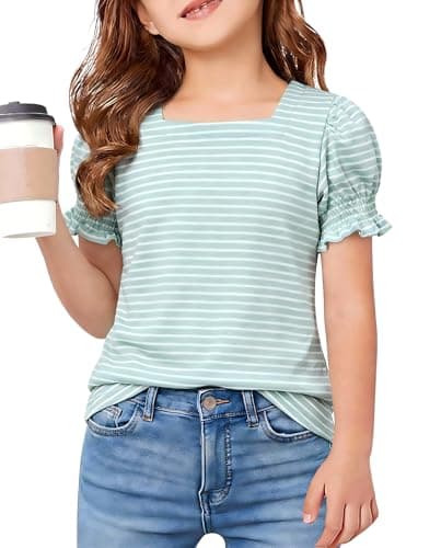 FREELYVE Girls Summer Tops Striped Square Neck T-Shirt Puff Short Sleeve Soft Knit Casual Tees,Sage,8-9Y - Image 1