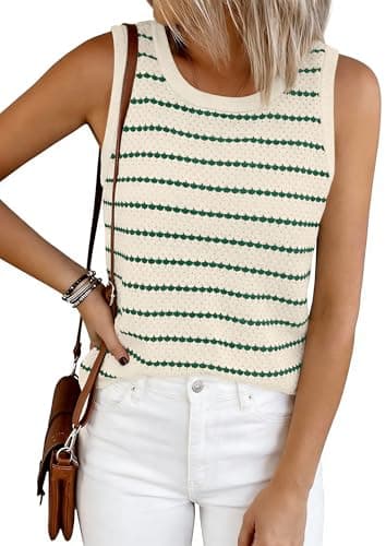 NALANISA Womens Cute Tank Tops 2026 Crochet Summer Spring Striped Sweater Vest Casual Loose Sleeveless Knit Shirts Clothes (Striped Beige Green,L) - Image 1