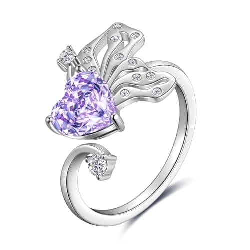 Butterfly Heart Birthstone Ring - 925 Sterling Silver Rose Cut Cubic Zirconia Adjustable Butterfly Ring Anniversary Engagement Promise Ring Birthday Jewelry Gift for Women Wife Mom Daughter (06-June) - Image 1