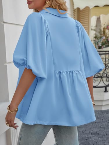 Cicy Bell Womens Summer Puff Sleeve Blouses Smocked V Neck Babydoll Peplum Casual Tunic Tops Loose Fit Pleated Shirts Blue - Thumbnail 6