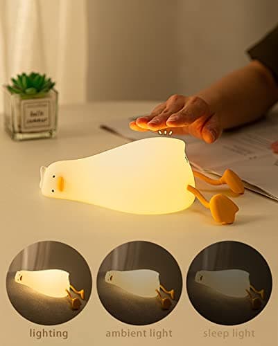 HAPPYBAG LED Lying Flat Duck Night Light, 3 Level Dimmable Nursery Nightlight,Cute Lamps Silicone Squishy Light Up Duck,Rechargeable Bedside Touch Lamp for Breastfeeding Toddler Baby Kids Decor - Thumbnail 2