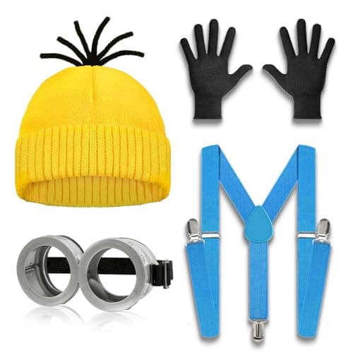 Aursy 4 PCS Easter Halloween Costumes for Men Women Adults, Yellow Beanie, Steampunk Goggles, Black Gloves, Suspenders, Party Set Decorations, Easter Costumes Party Cosplay