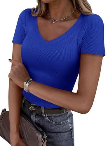 PRETTYGARDEN Women 2026 Spring Tops Trendy Ribbed Short Sleeve V Neck Fitted Basic Tee Shirts Casual Going Out Summer Outfits (Royal Blue,X-Small) - Image 1
