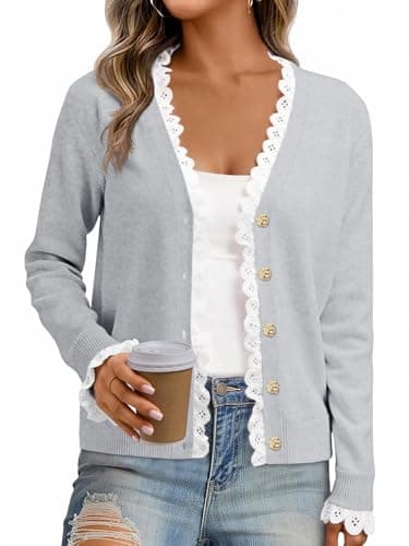 Cicy Bell Womens Lace V Neck Cardigan Sweaters Button Down Long Sleeve Knit Tops Fall Trendy Lightweight Open Front Sweater Grey - Image 1
