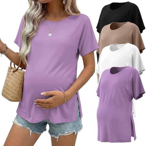Ekouaer 4 Pack Maternity Shirts Short Sleeve Pregnancy Tunic Tops Casual Postpartum Outfits Split Side Mama Clothes Black/Khaki/Light Purple/White XXL - Image 1