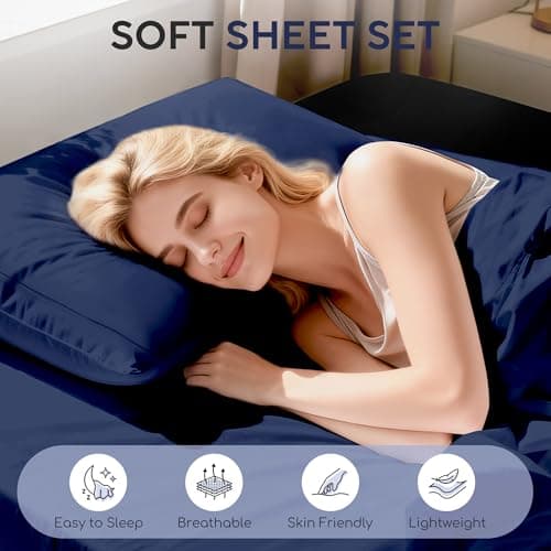Tokokimo Washed Cotton-Linen Feel 4-Piece King Size Sheet Set for Busy Lifestyles – 10-16" Deep Pocket Bed Sheets with Natural Wrinkles, Quick-Dry, Breathable, Soft, Navy Blue - Thumbnail 2
