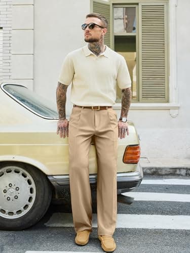 Comdecevis Pleated Mens Dress Pants Relaxed Fit Mens Pants Casual Straight Wrinkle-Free Vintage Trousers, Khaki, 38W x 30L - Thumbnail 6