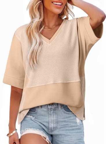 Dokotoo Casual Tops for Women Tshirts Brown Fluffy Touch Waffle Tees V Neck Short Sleeve Shirt Casual Dressy Oversized Summer Outfit Ladies 2026 Trendy Clothing Loose Fit Size XX-Large - Image 1