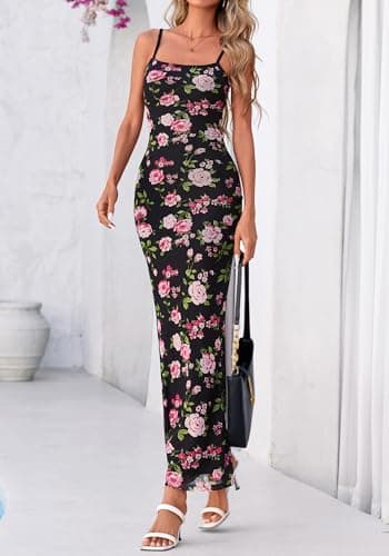 BTFBM Womens Maxi Dress 2026 Spring Floral Sexy Spaghetti Straps Sleeveless Bodycon Summer Beach Wedding Guest Dresses(Floral Black Pink, Small) - Thumbnail 5