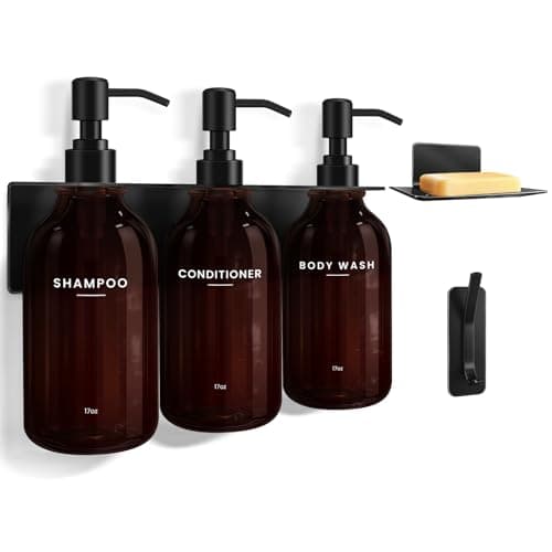 KLL Shampoo and Conditioner Dispenser Set - Wall Mounted Shower Soap Dispenser - 17oz No-Drill Refillable Plastic Pump Bottles for Bathroom - Includes Soap Dish & Hook (Brown) - Image 1
