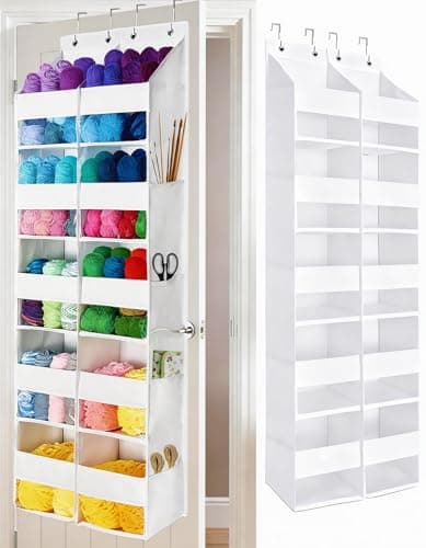 KIKJOK Over the Door Organizer, Hanging Yarn Storage, Nylon Behind Door Organizer, 5 Tiers - Clear Window Yarn Holder for Crochet, Knitting Needles, Closet, Pantry, Bedroom, Nursery, White